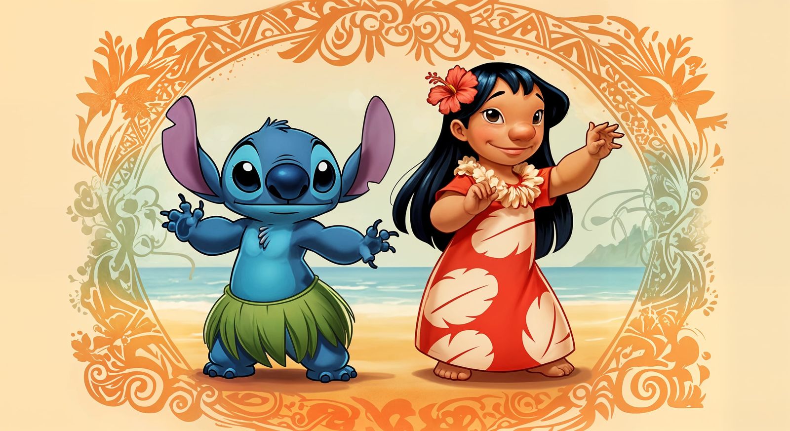 Cheerful Hula Dancers on a Tropical Beach in Vibrant Colors