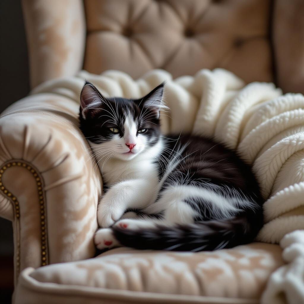Black and White Kitten in Armchair, Fine Art Photo