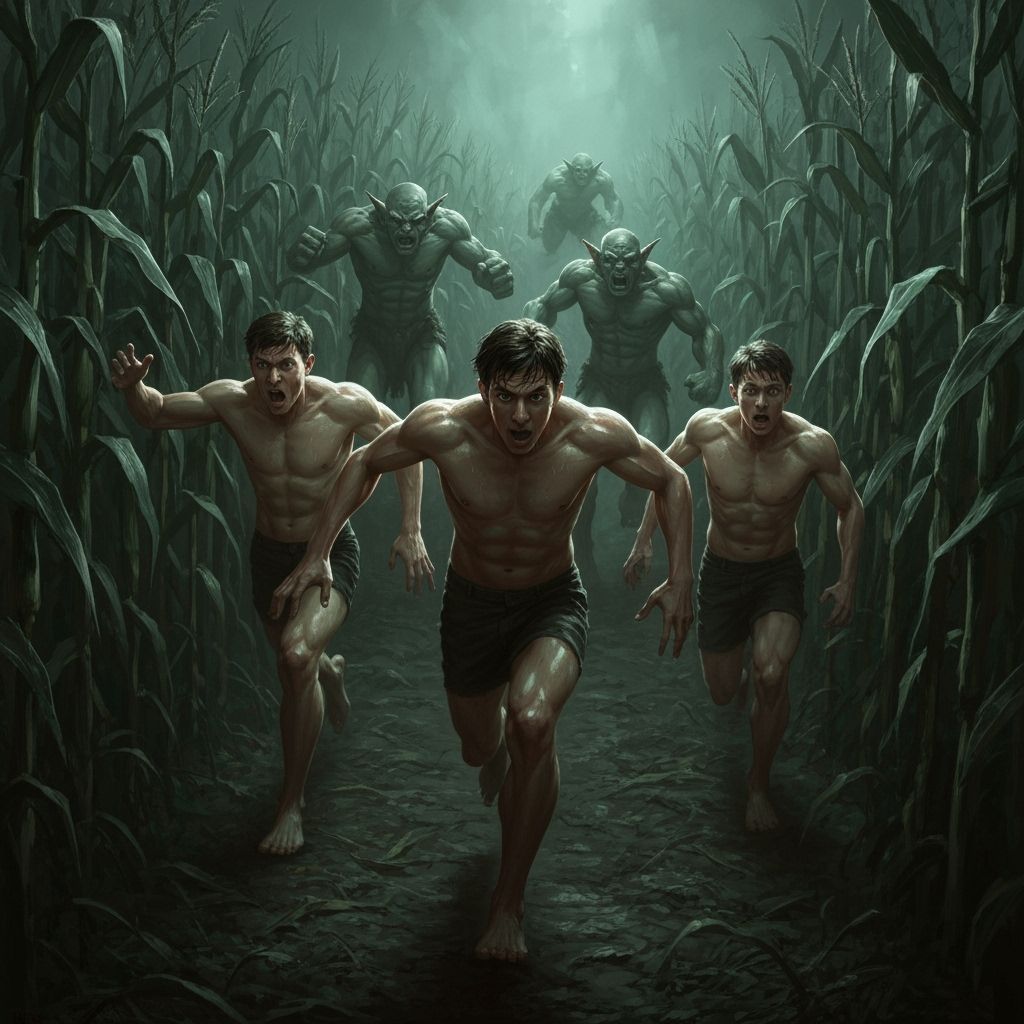 Muscular Men Flee Goblins in Dark Corn Maze