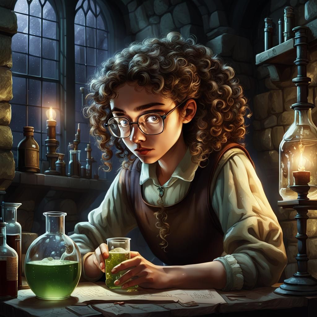 Teenage Scientist Working Late in Medieval Lab