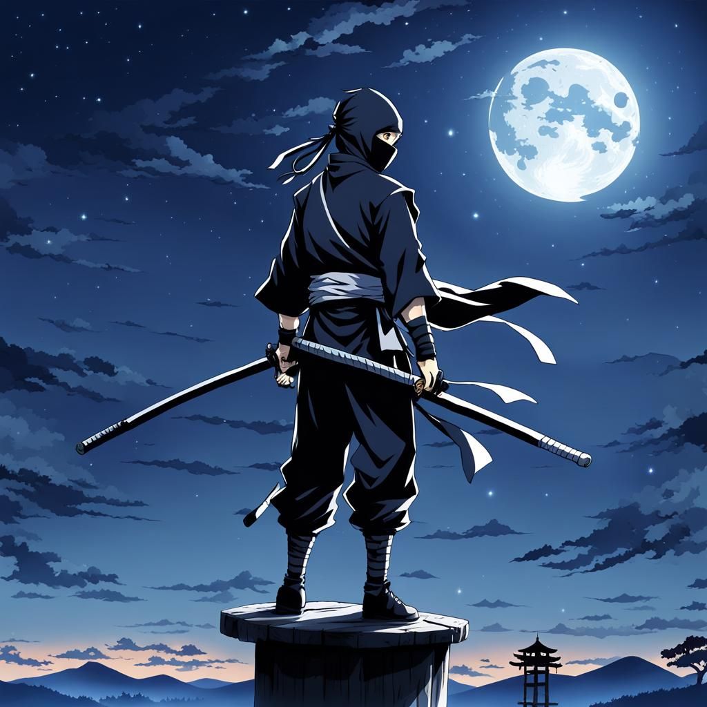 Ninja Silhouette in Anime Style Under Moonlight