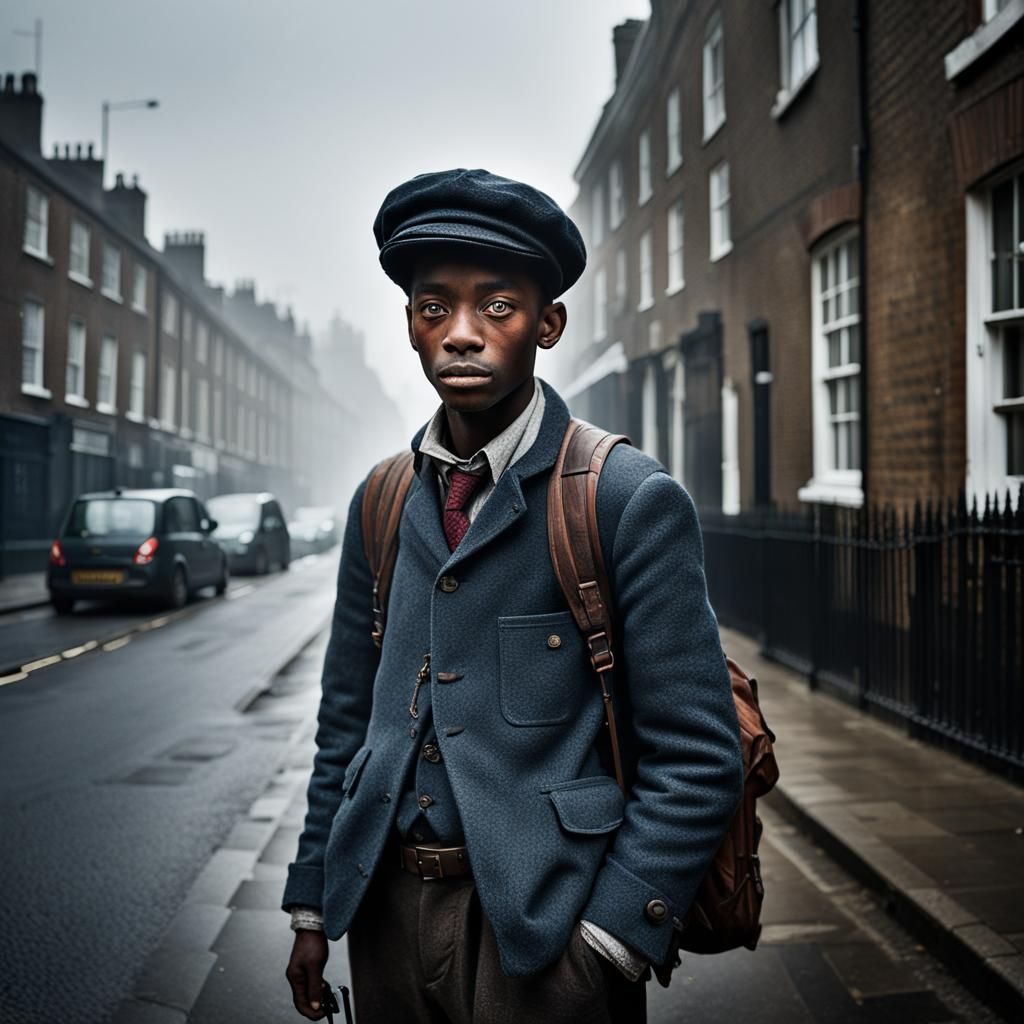 Paperboy in Misty London Street, Photo-Realistic Portrait