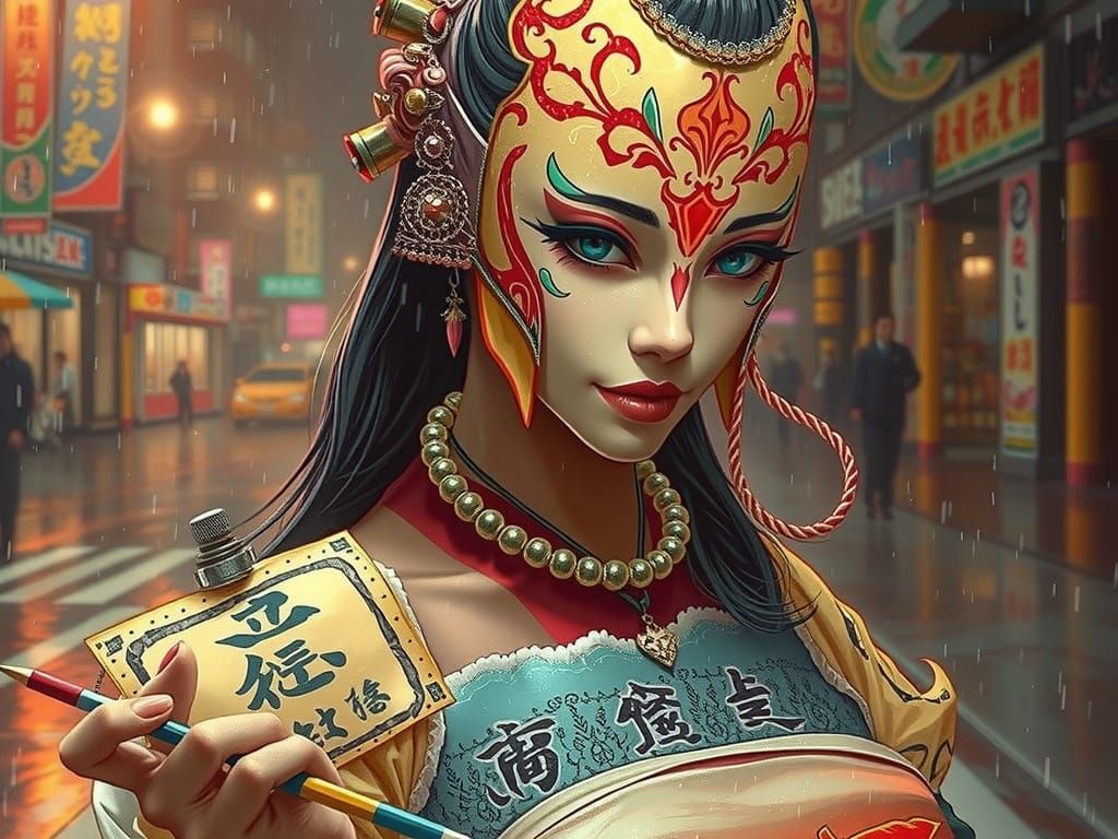 Cyberpunk Geisha Practicing Calligraphy in Neon City