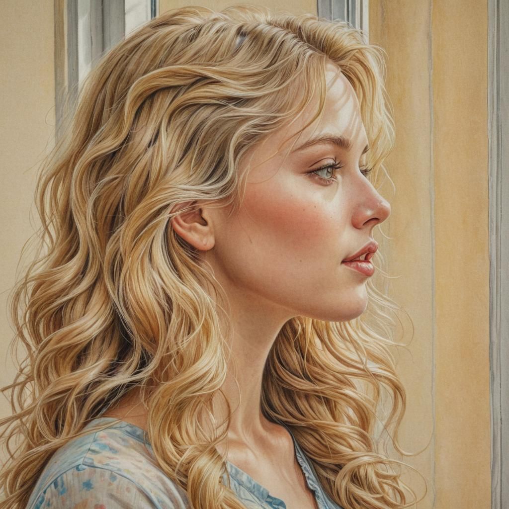 Detailed Pencil Drawing of Woman Looking Out Window