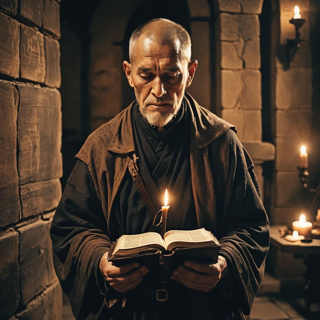 Monk with Ancient Bible in Candlelight