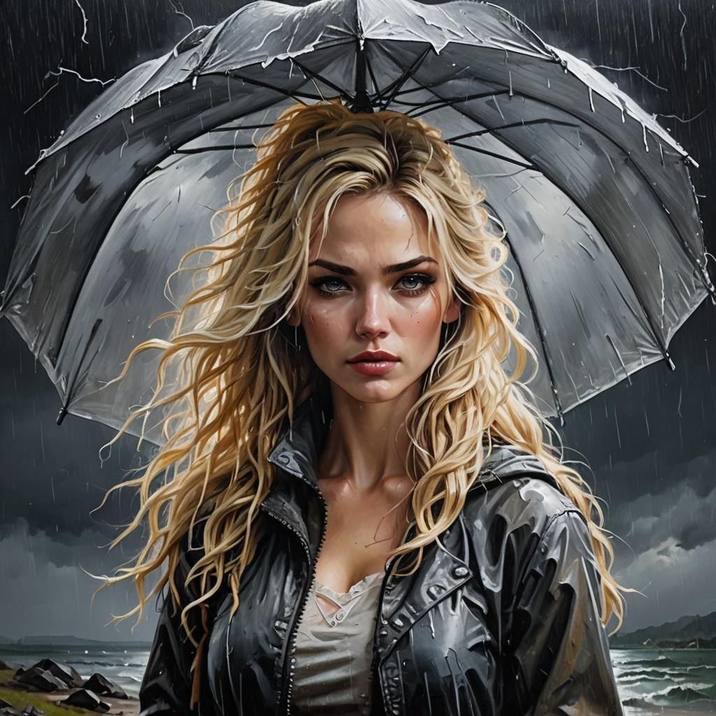 Woman in Rainstorm Acrylic Painting with Bokeh