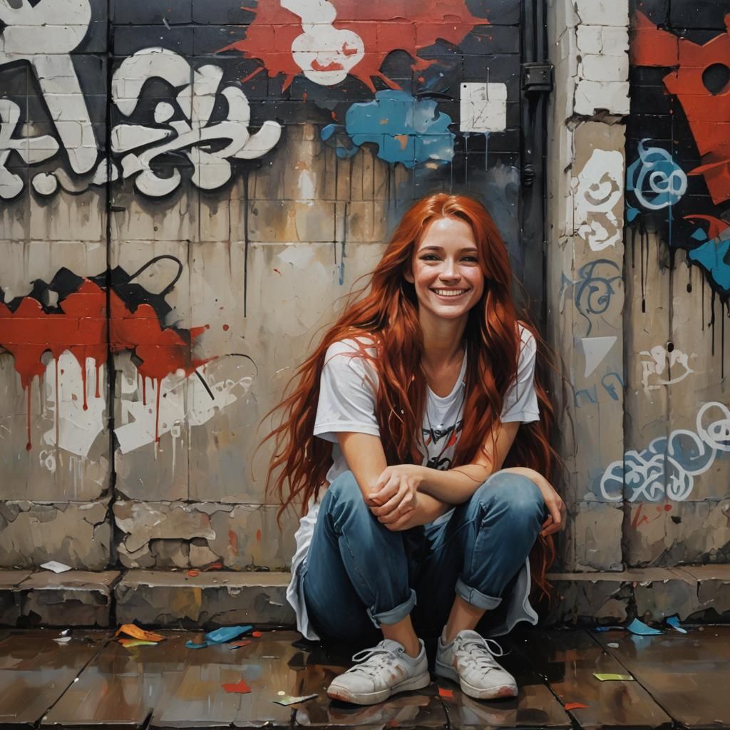 Girl with Red Hair in Rainy Graffiti Alley
