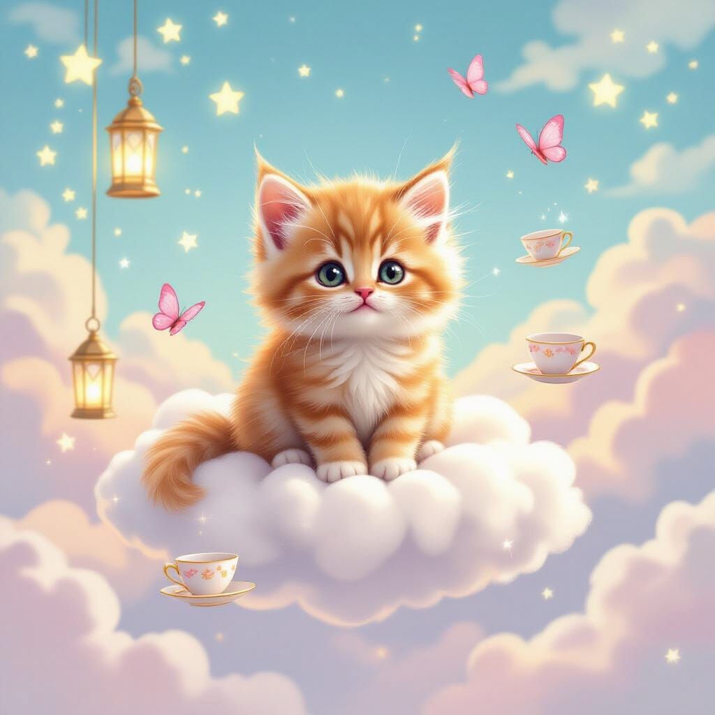 Orange Kitten's Whimsical Flight Through Dreamscape