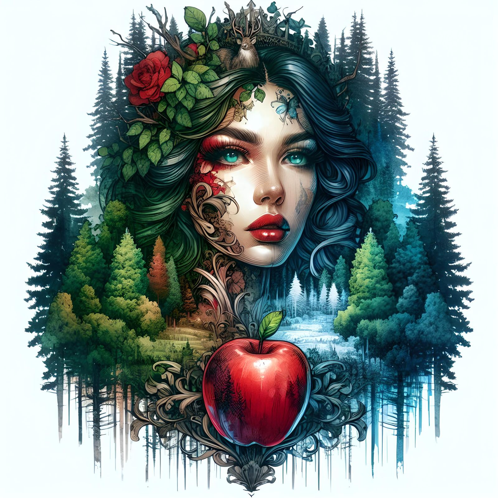 Woman with Apple in Enchanted Forest Watercolor