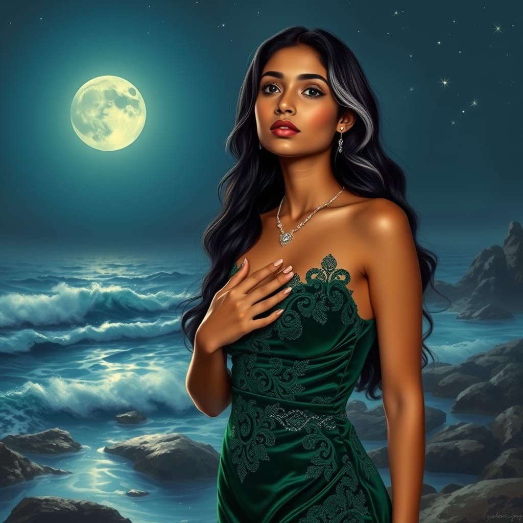 Mizoram Woman in Emerald Velvet by Moonlit Ocean