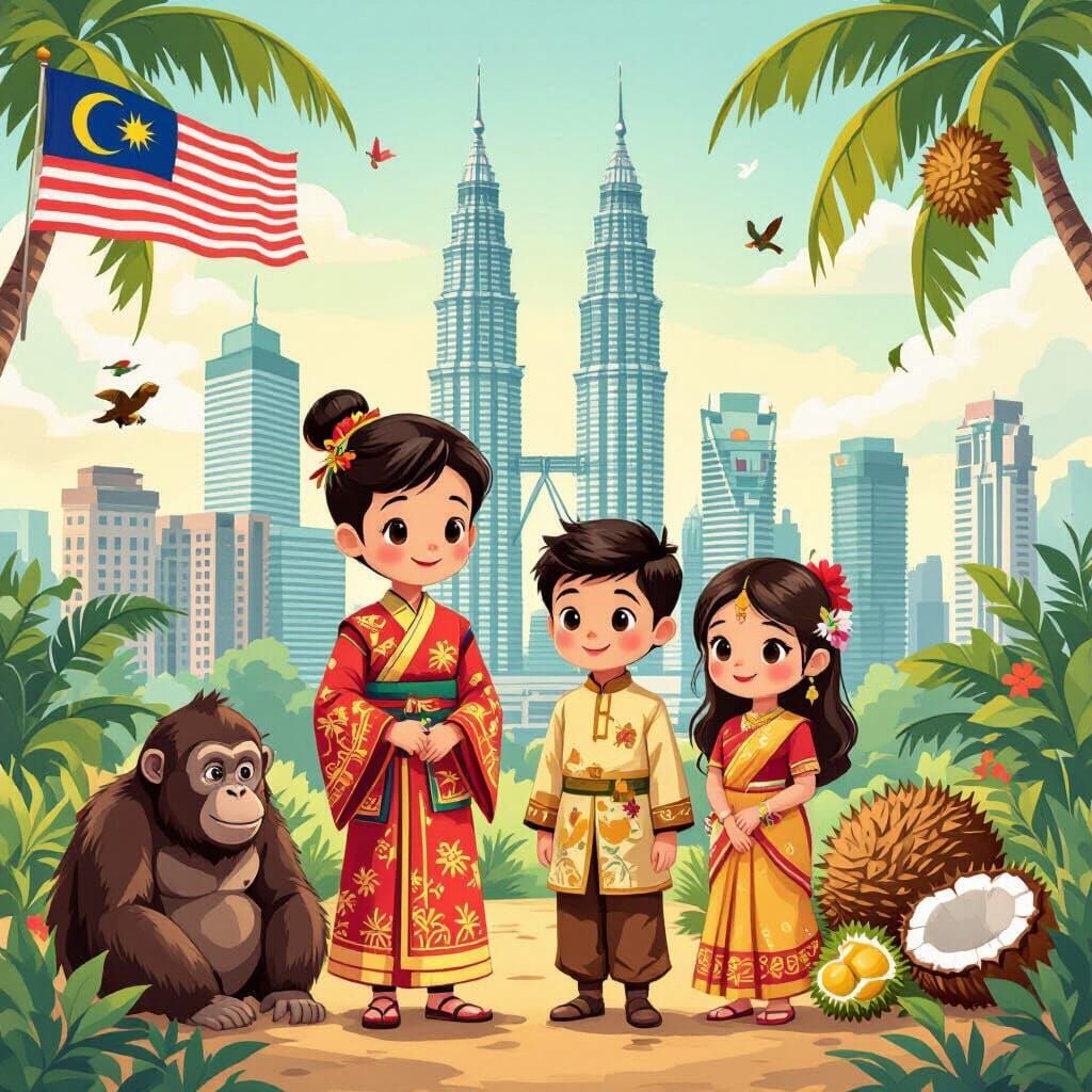Asian Children in Traditional Dress with Petronas Towers
