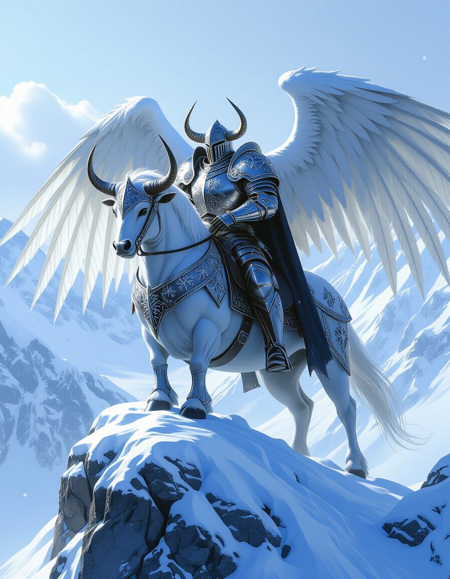 Majestic Bull Knight Overlooking Winter Kingdom