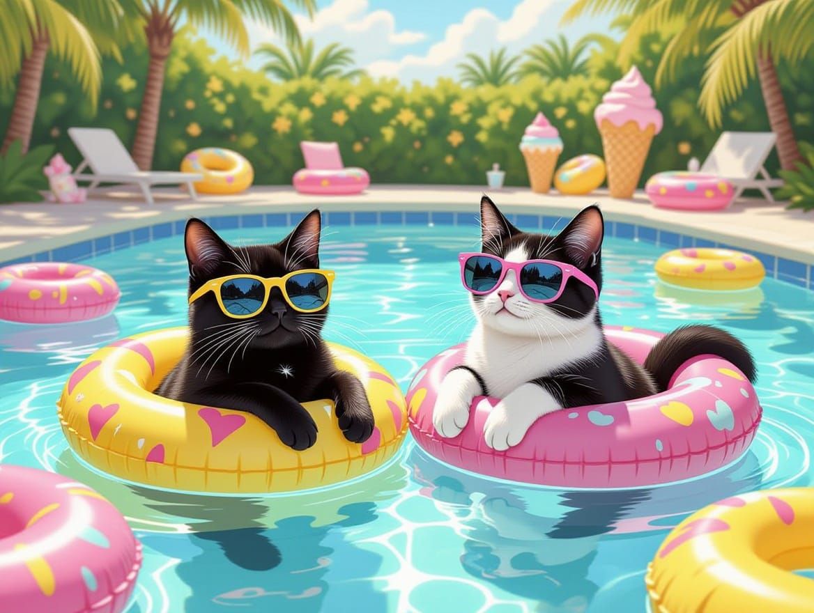 Cats in Sunglasses Relaxing by the Pool