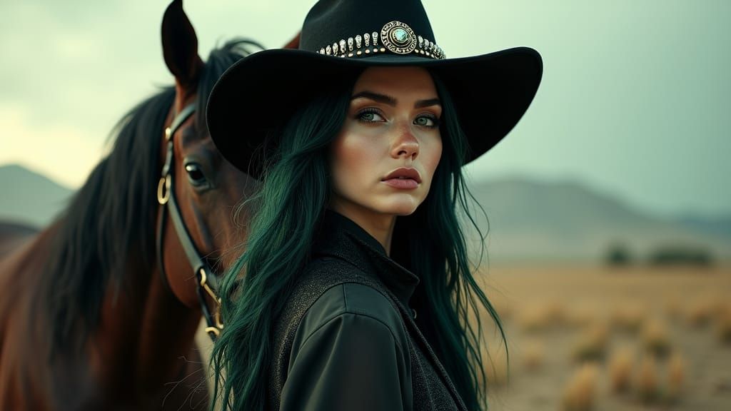 Goth Cowgirl with Horse in Dark Art Nouveau Style