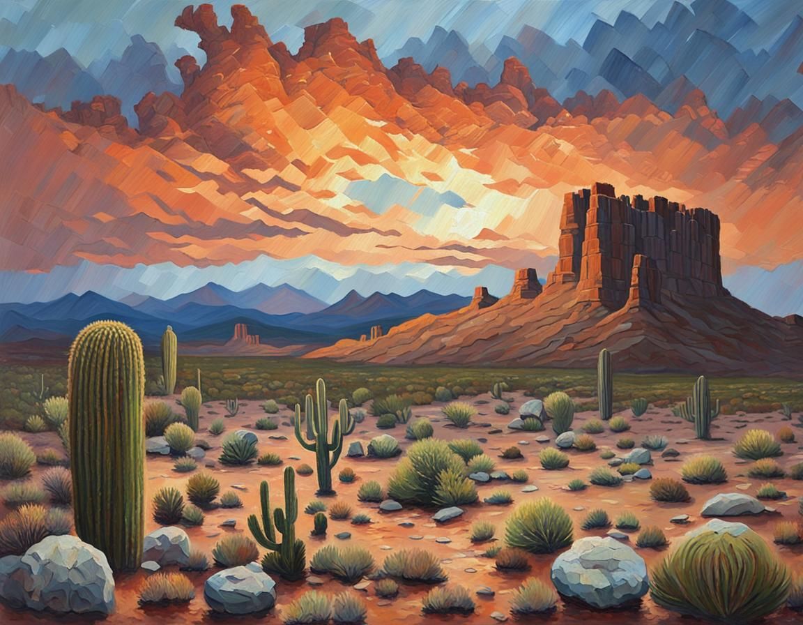 Desert Landscape Impasto Painting with Approaching Storm