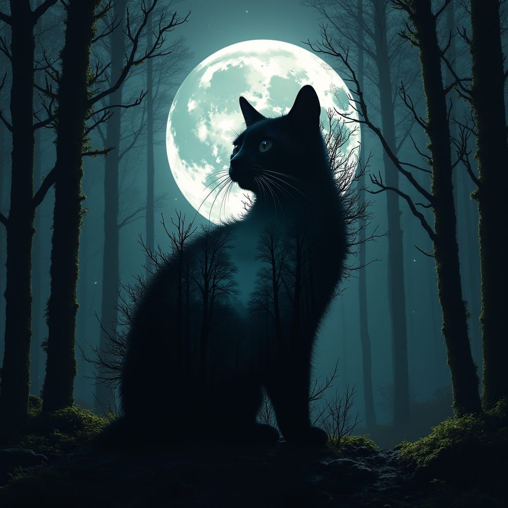 Black Cat Merges with Mystical Forest Under Glowing Moon