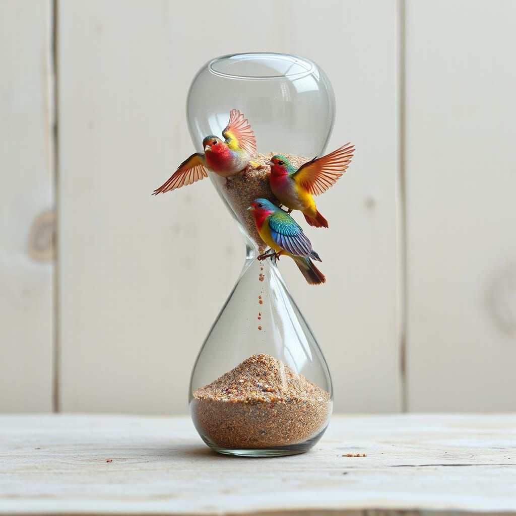 Surreal Hourglass Transforms into Rainbow Birds, Symbolizing...
