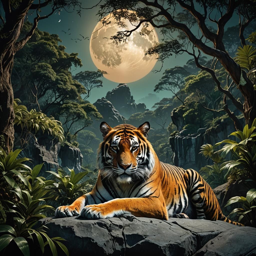 Majestic Tiger in Moonlit Jungle Fantasy Concept Art