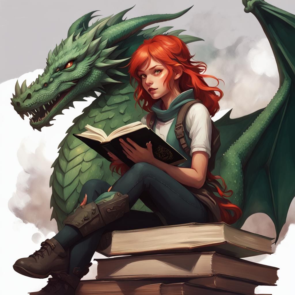 Girl Reads with Dragon: Hyperdetailed Fantasy Portrait