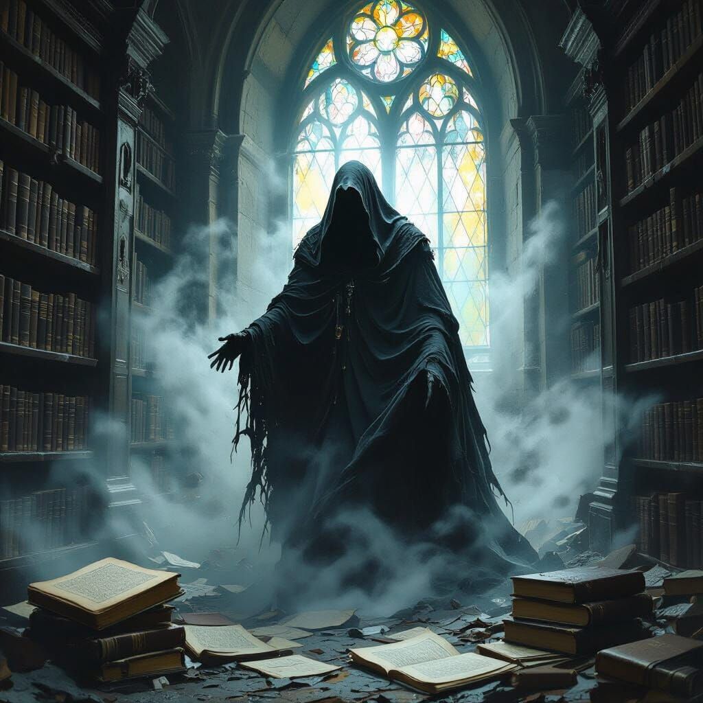Spectral Figure Emerges from Gothic Library