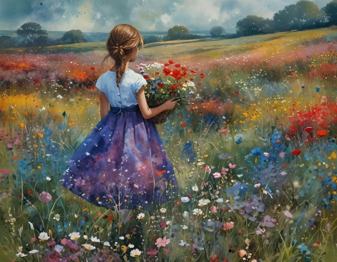 Girl in Blooming Flower Meadow Watercolor
