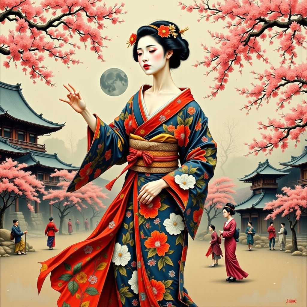 Dancing Geisha in Ancient Japan, Hokusai Style