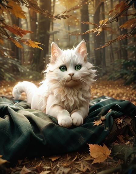 White Cat in Autumn Forest: Cinematic Still