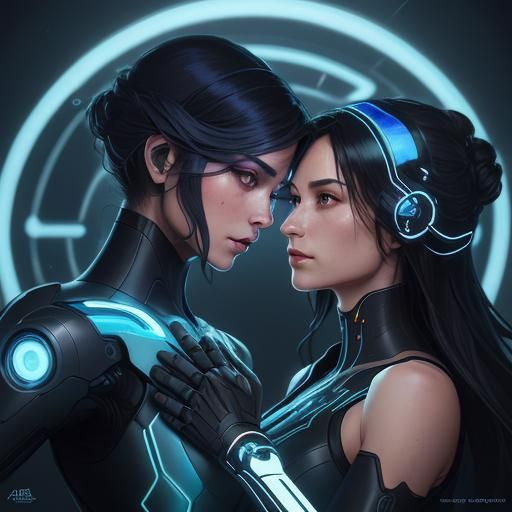 Elegant Human and Robot Women in Neon Cityscape