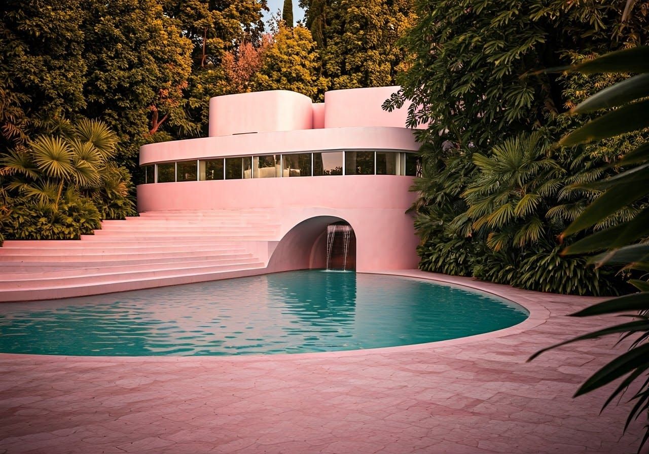 Space Age Pool with Waterfall in Retro-Futuristic Style