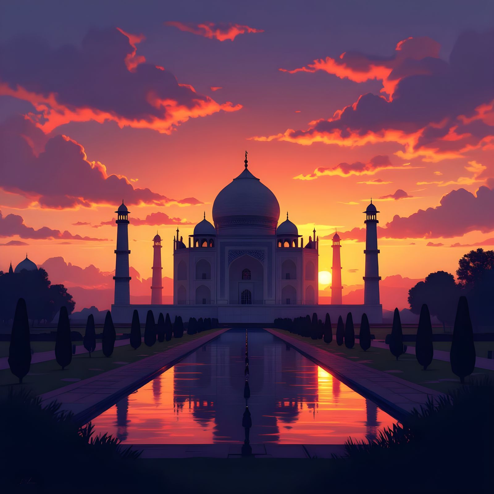 Taj Mahal at Fiery Sunset with Dancing Woman