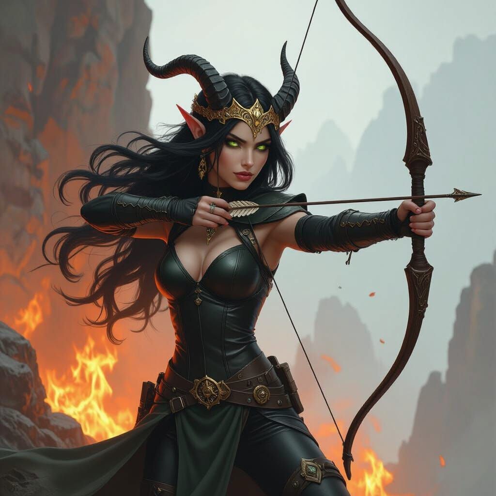 Fiery Half-Elf Ranger on Cliff in Gothic Style