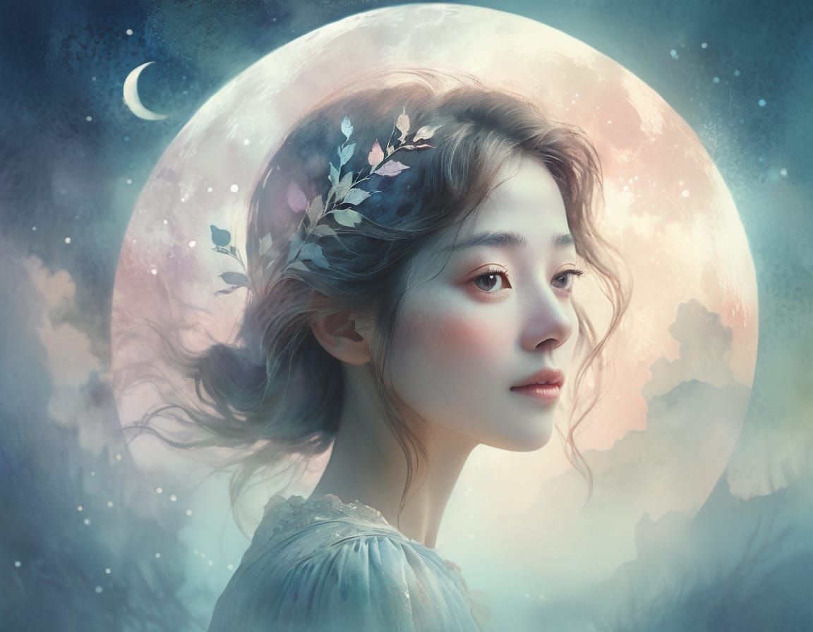 Moonlit Woman Portrait in Dreamy Watercolor Style