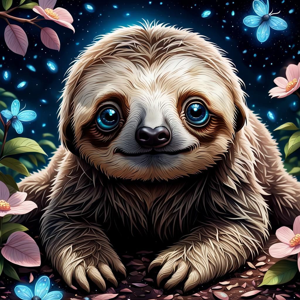 Adorable Sloth with Fireflies in Digital Art