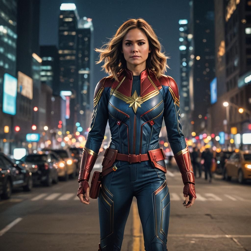 Nina Dobrev as Captain Marvel in a Cityscape