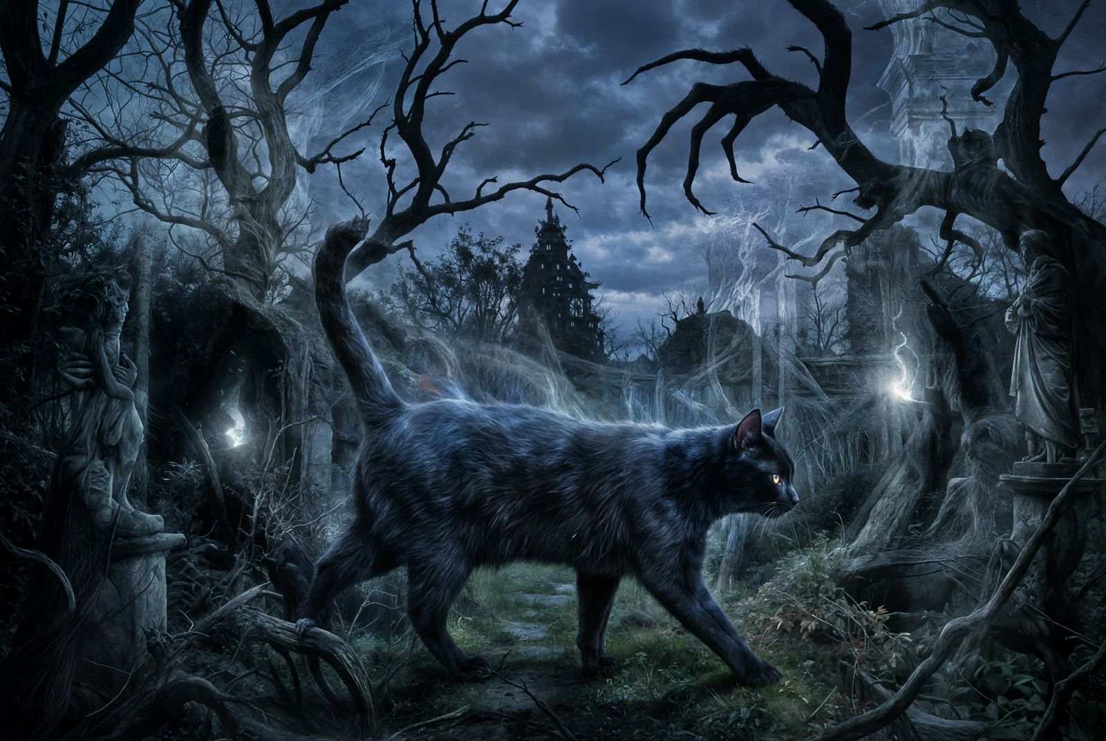 Spectral Cat Prowling Goya-Inspired Garden
