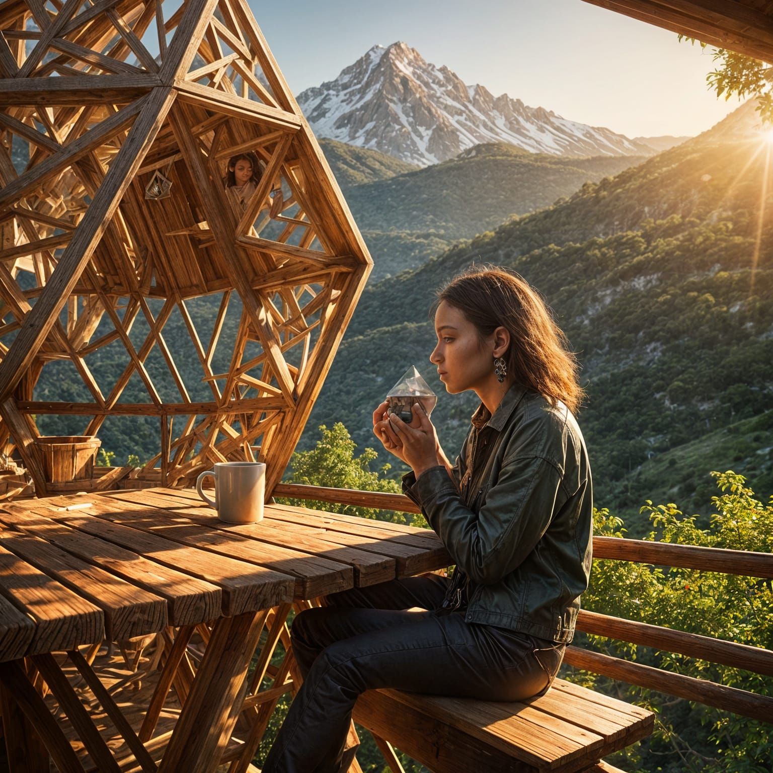 Woman in Wooden Treehouse Octahedron with Breathtaking View