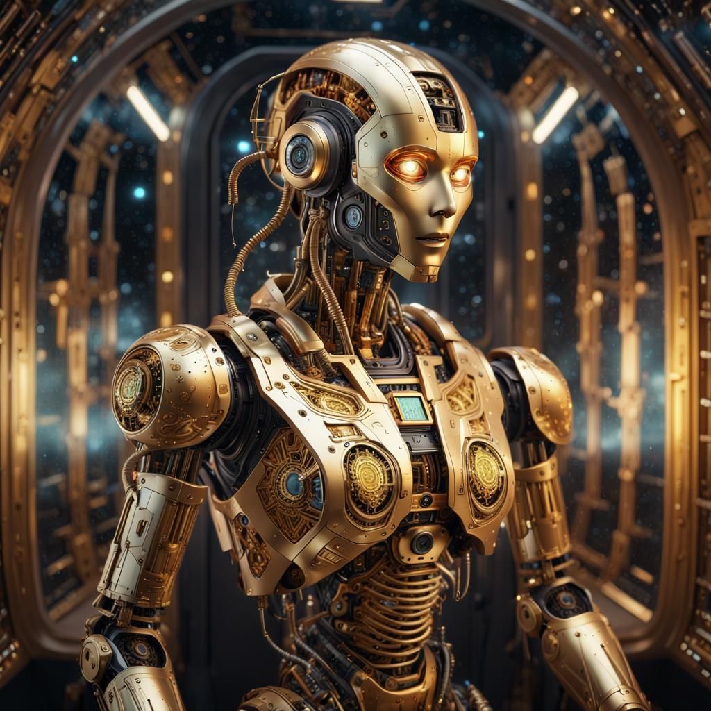 Robot on Spaceship with Gold Circuitry in Digital Art