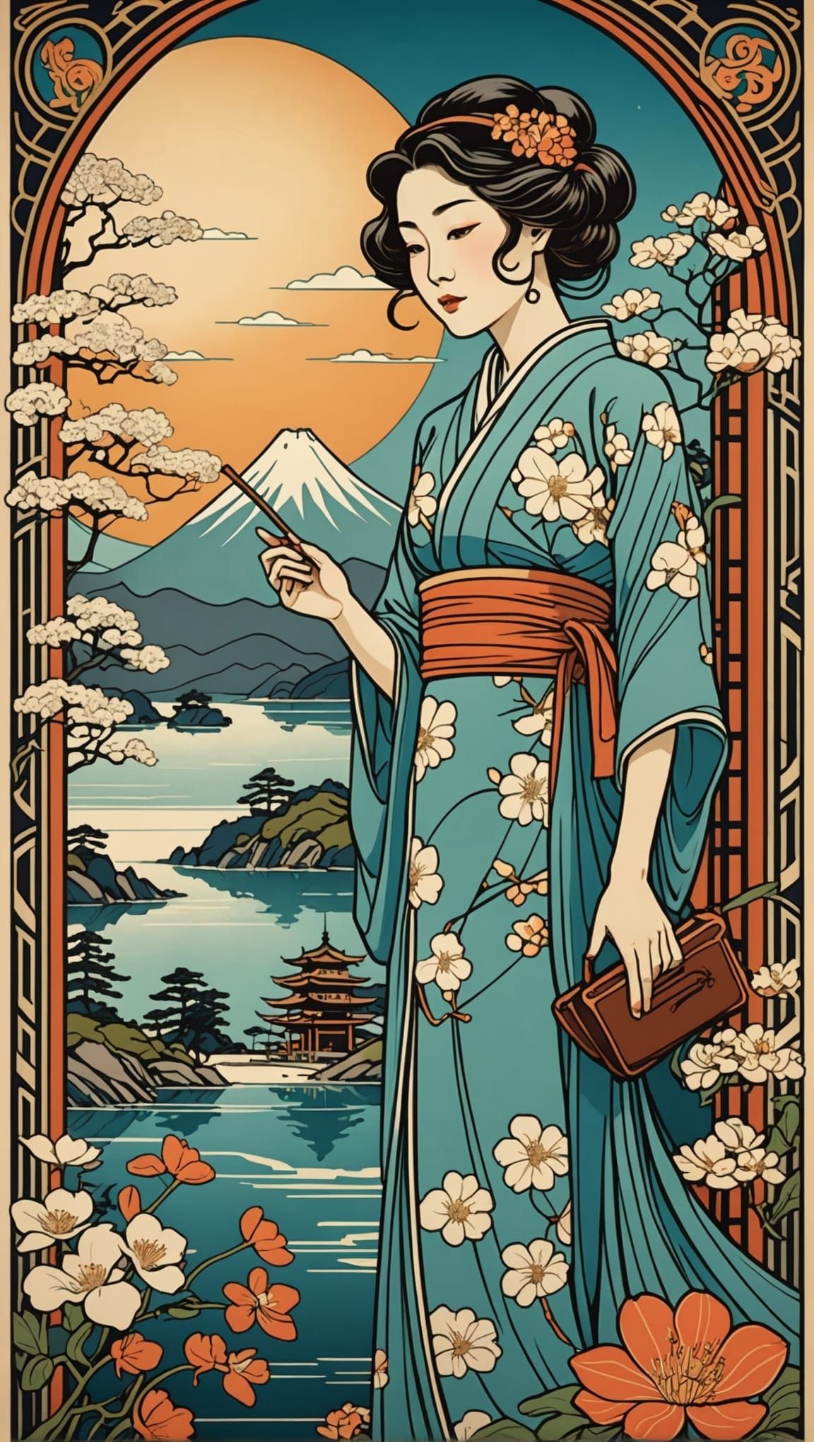 Art Nouveau Japanese Vacation Illustration