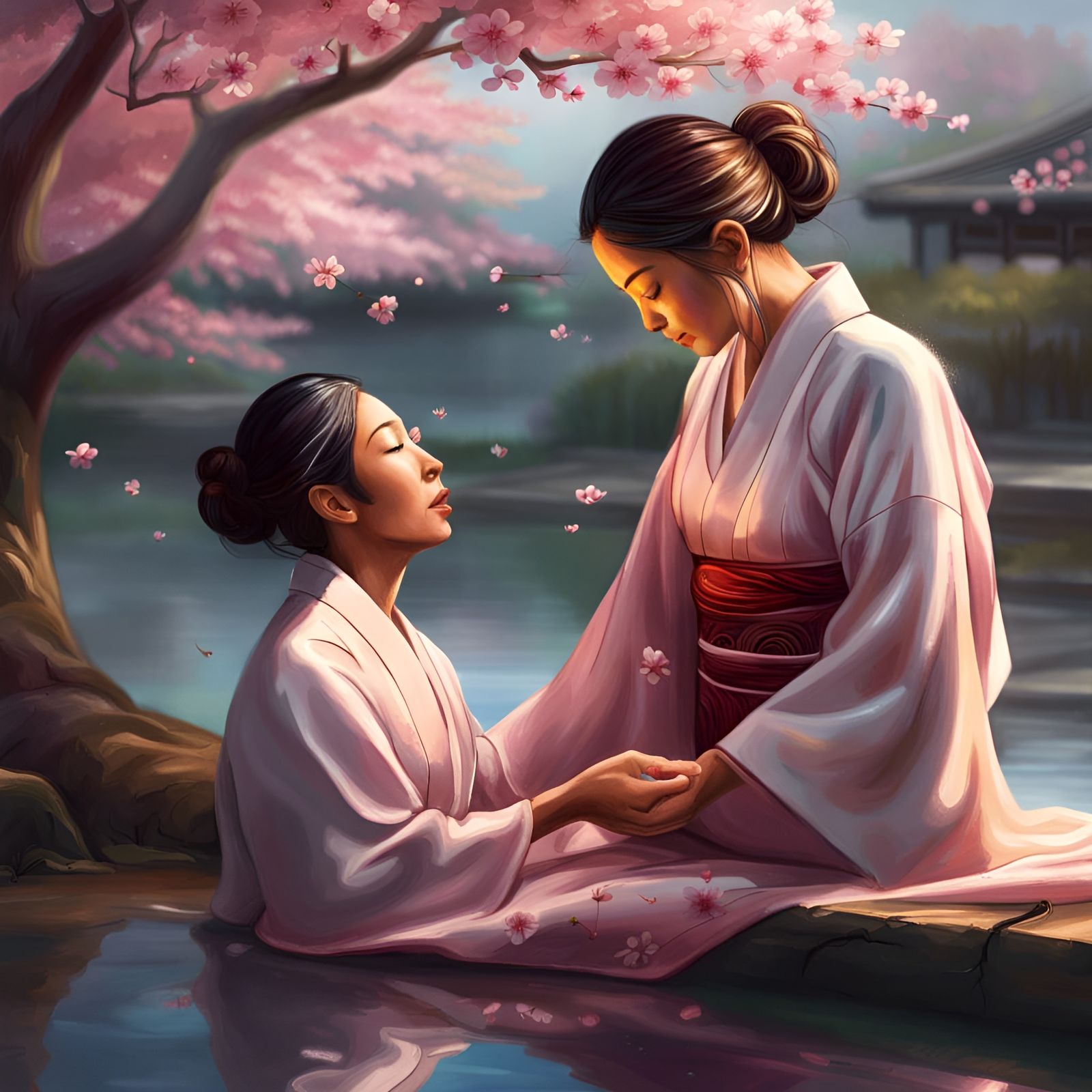 Japanese Woman Performing Reiki Under Cherry Blossoms