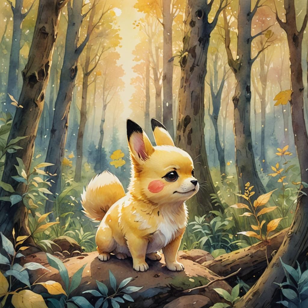 Chibi Pikachu Dog in Watercolor Forest
