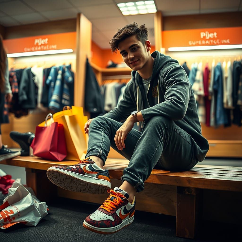 Young Man Trying on Sneakers in Superstore Dressing Room