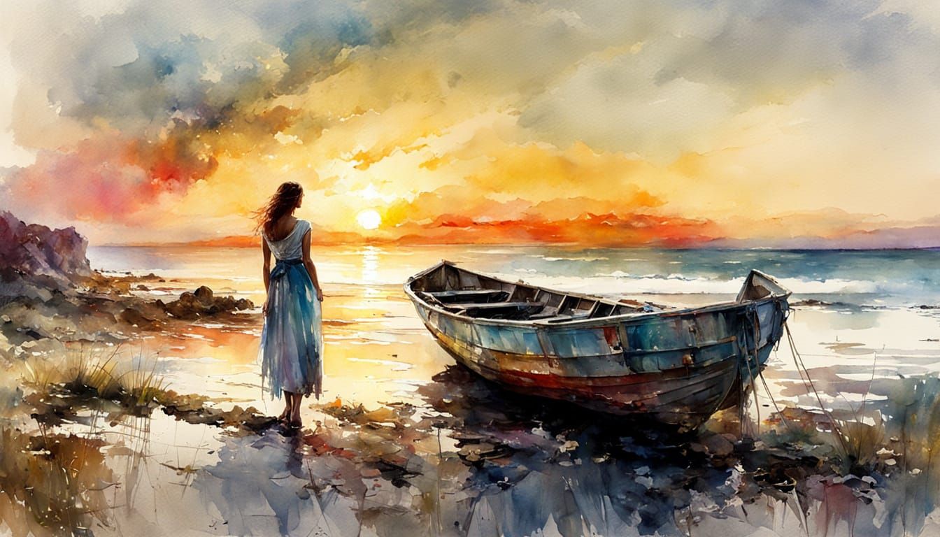 Fairytale Sunset: Woman and Boat in Watercolor Painting
