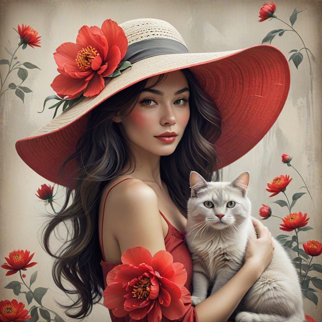 Whimsical Lady in Lavish Hat with Adorable Feline Companion