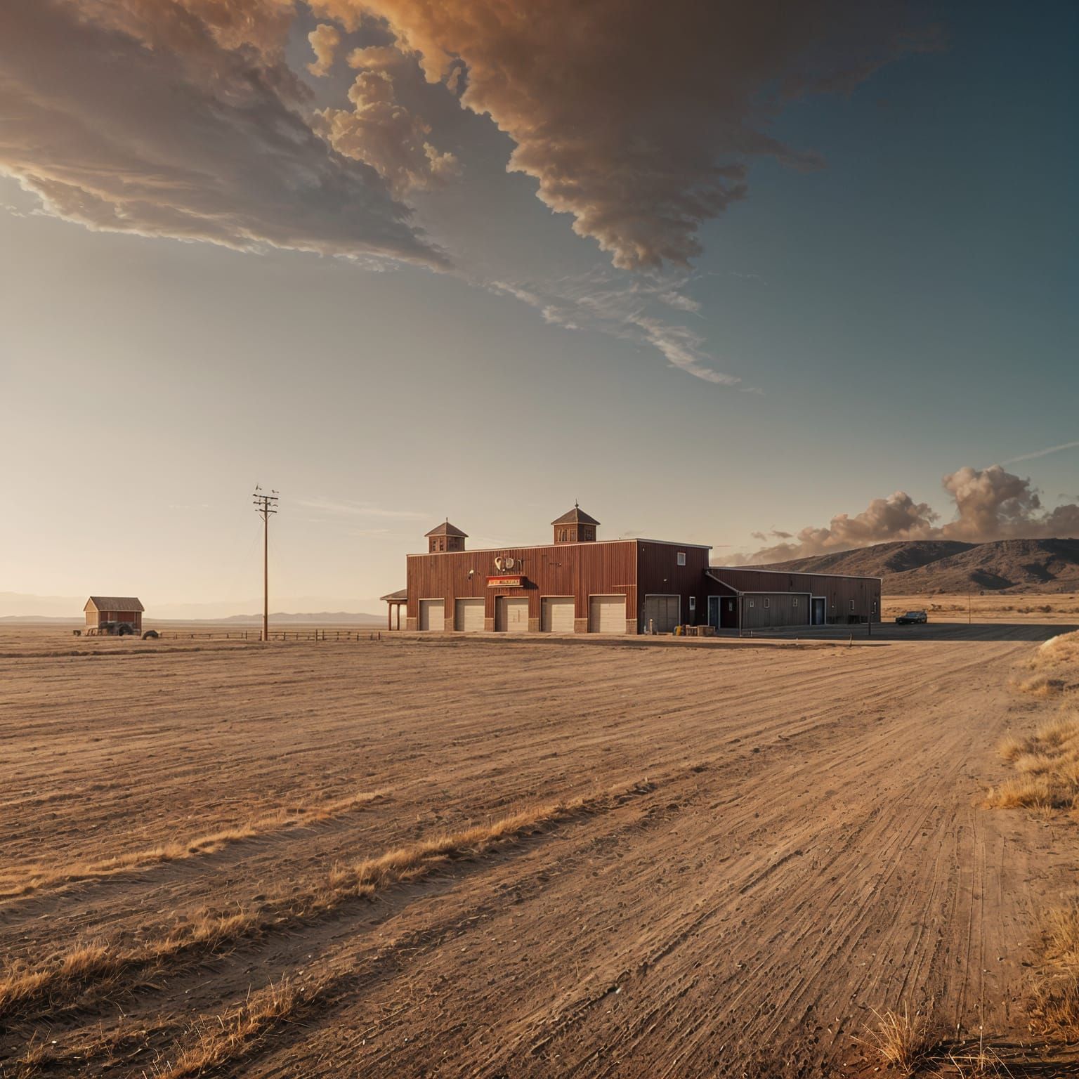 Fire Hall in Vast Landscape: Cinematic Film Still