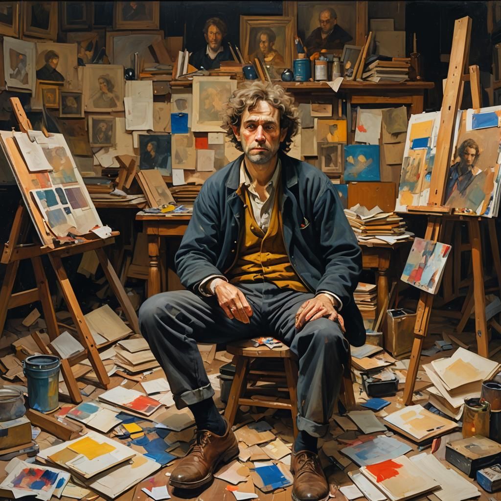 Frustrated Artist: Self-Portrait in Oil Painting Style