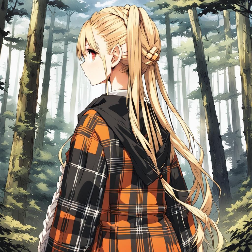 Anime Girl in Forest with Plaid Coat