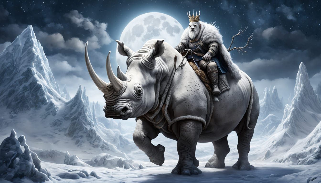 Regal Winter King Rides Frost-Covered Ice Rhinoceros Through...