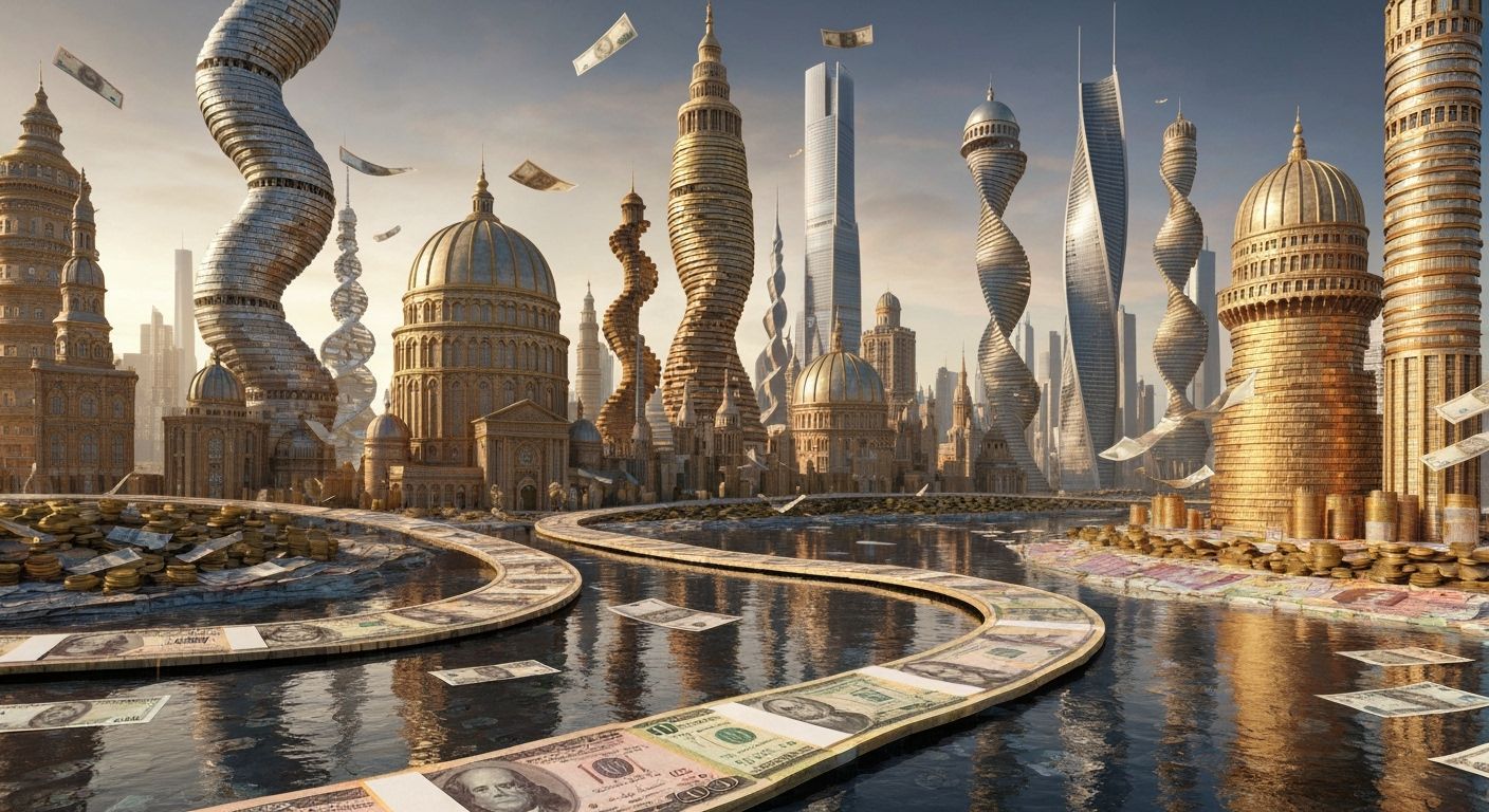 Fantasy City of Coins and Banknotes