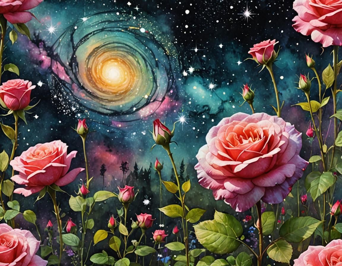 Floral Galaxy Double Exposure in Watercolour Style