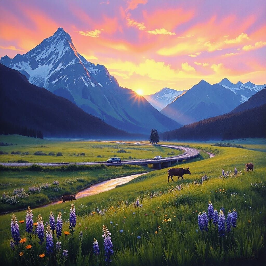 Serene Mountains at Dawn in Impressionist Style